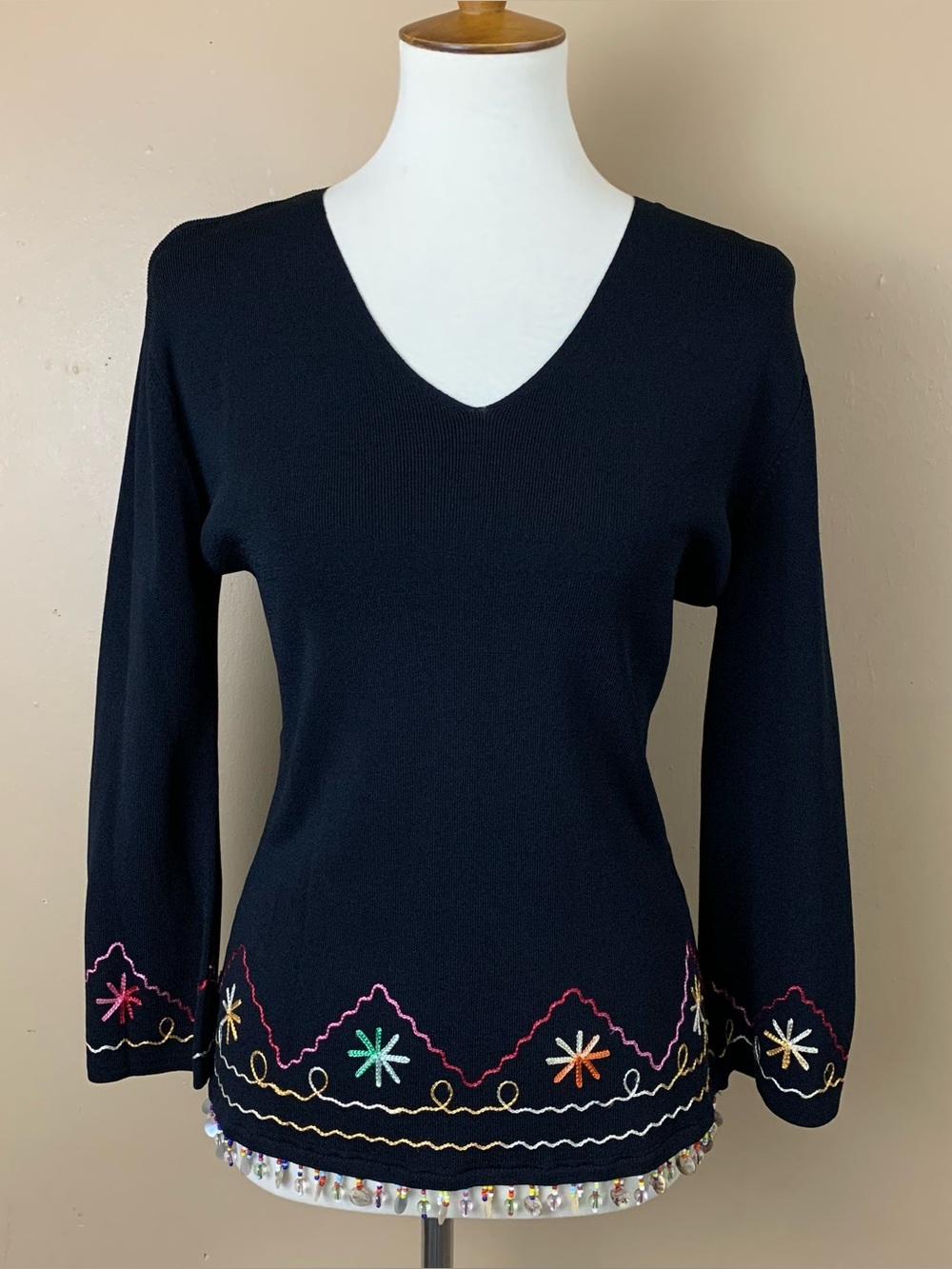 Joseph A Womens XL Black Knit Embroidered Bead Shell Trim Stretch Y2K Blouse